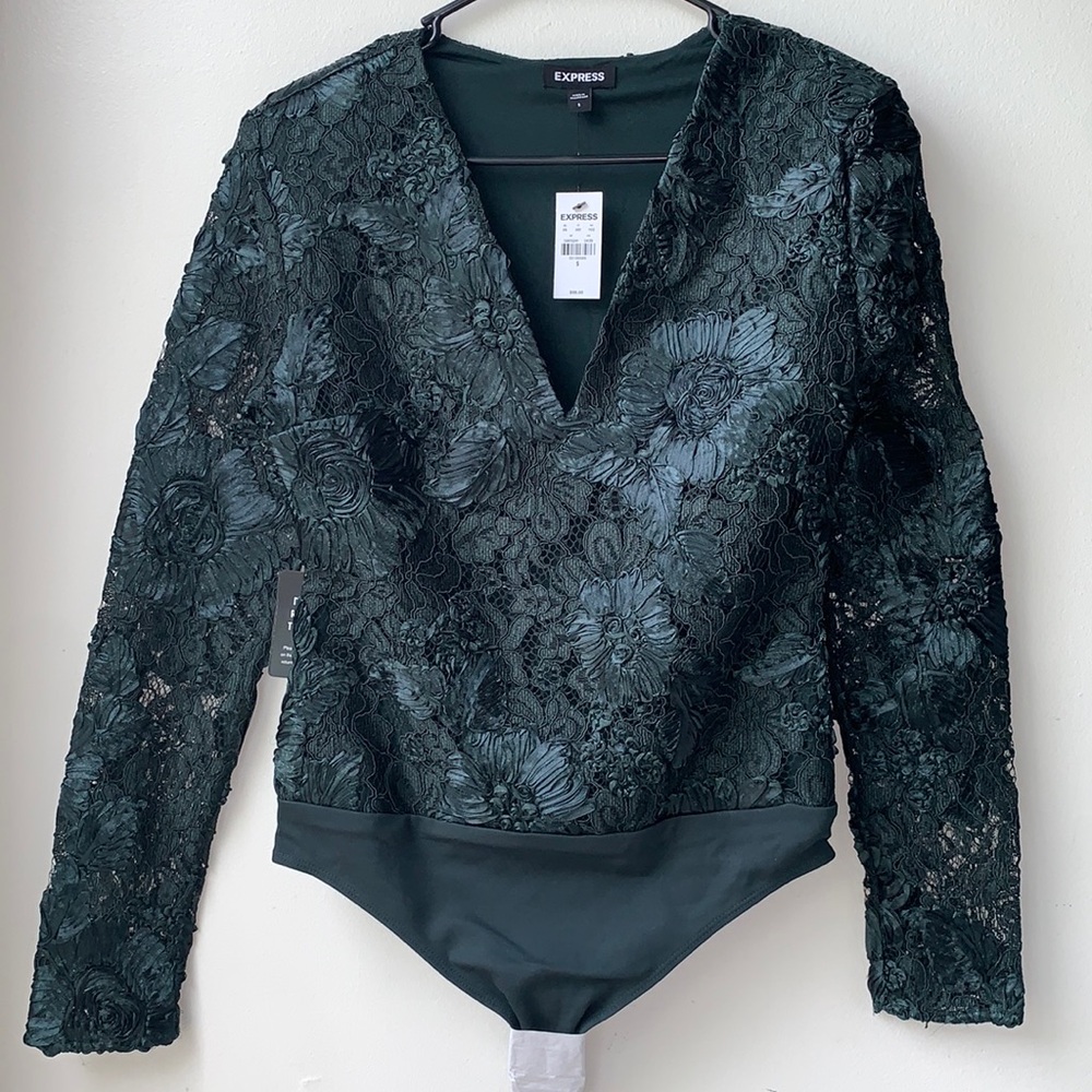 Express Womens Small Lace Floral Dark Green Thong Bodysuit Long Sleeve NWT